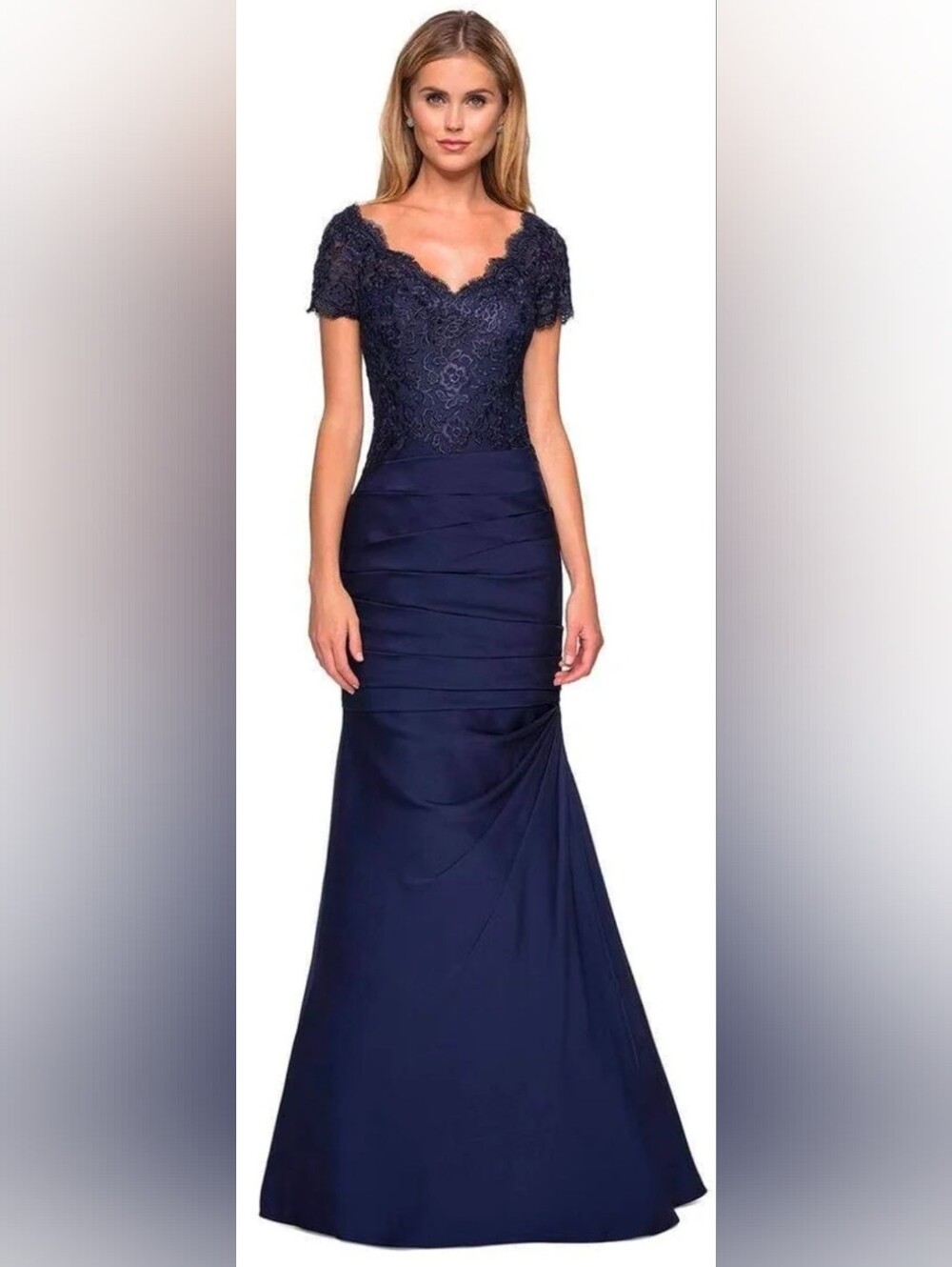 La Femme NWT Navy Blue Lace Ruched Full Skirt Maxi Ball Gown Dress Sz 20 #26979